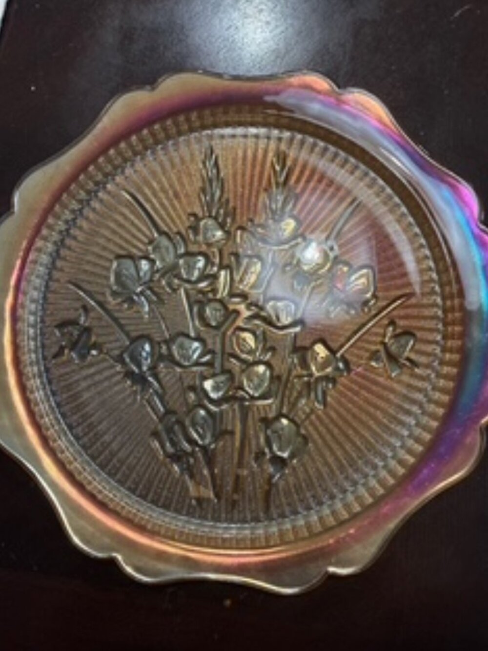 Vintage Marigold Carnival Glass Floral Plate – Stunning Iridescent Glow
